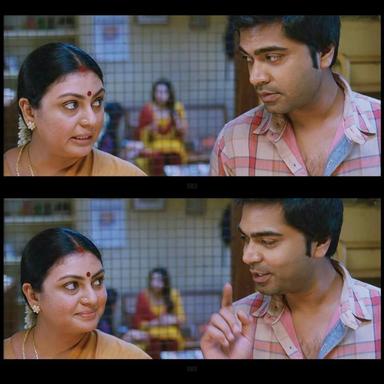 Vaalu meme template with Sharp (Silambarasan) with Sharp's mother (Sriranjini) with Tyre (Santhanam)