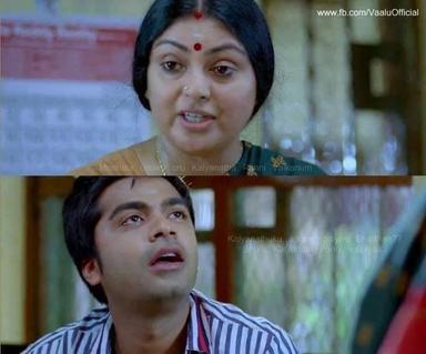 Vaalu meme template with Sharp (Silambarasan) with Sharp's mother (Sriranjini) with Tyre (Santhanam)