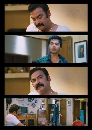 Vaalu meme template with Sharp (Silambarasan) with Sharp's mother (Sriranjini) with Tyre (Santhanam)