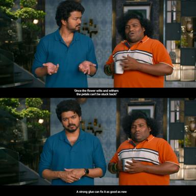 Varisu meme template with Vijay Rajendran (Vijay) with Kicha (Yogi Babu)