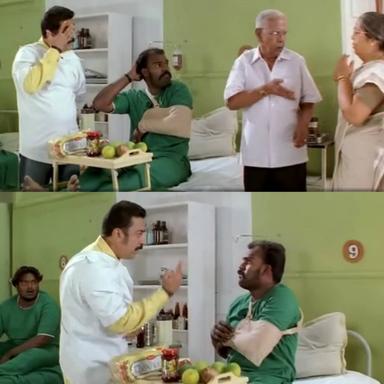 Vasool Raja MBBS meme template with Dr. Vishwanathan (Prakash Raj) with Rajaraman Venkatraman (Vasool Raja) (Kamal Haasan)