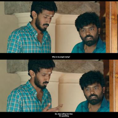 Veeran meme template with Selvi's Groom Prospect (Tha. Muruganantham) with Sakkarai (Sassi Selvaraj)