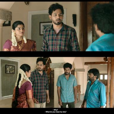 Veeran meme template with Kumaran / Veeran (HipHop Tamizha Adhi) with Selvi (Athira Raj) with Sakkarai (Sassi Selvaraj) with Selvi's Groom Prospect (Tha. Muruganantham)