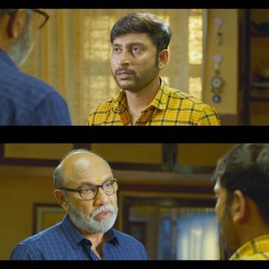 Veetla Vishesham meme template with S. Unnikrishnan (Sathyaraj) with U. Ilango (Balaji Patturaj)