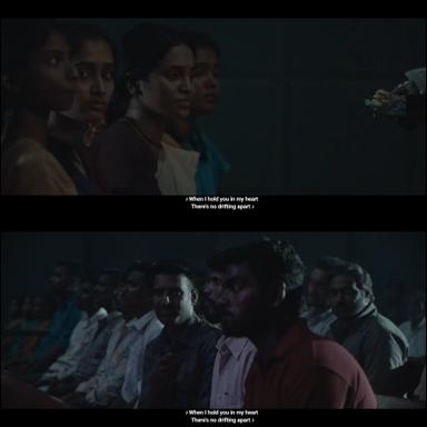 Viduthalai: Part I meme template with Kumaresan (Soori) with Perumal "Vaathiyaar" (Vijay Sethupathi) with Tamilarasi (Bhavani Sre)