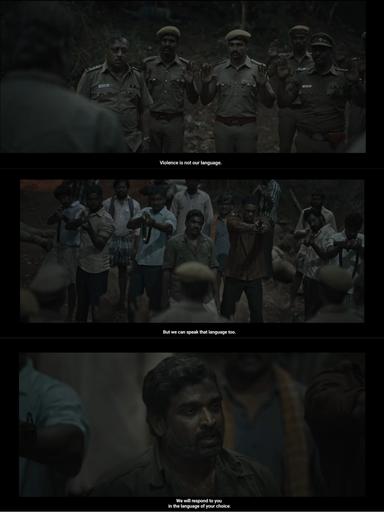 Viduthalai: Part I meme template with Kumaresan (Soori) with Ragavendar (Chetan) with Perumal "Vaathiyaar" (Vijay Sethupathi) with A Constable (Bala Hasan)