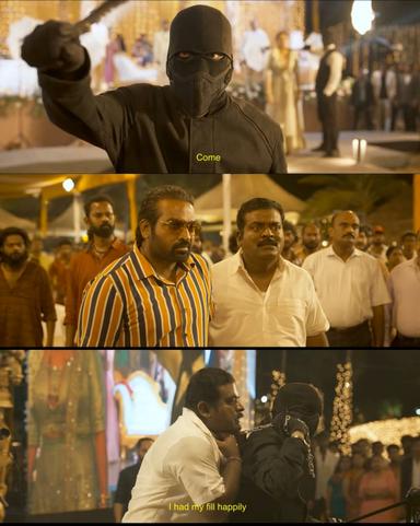 Vikram meme template with Karnan / Arun Kumar Vikram (Kamal Haasan) with Sandhanam (Vijay Sethupathi) with Rudra Prathap (Aruldoss)