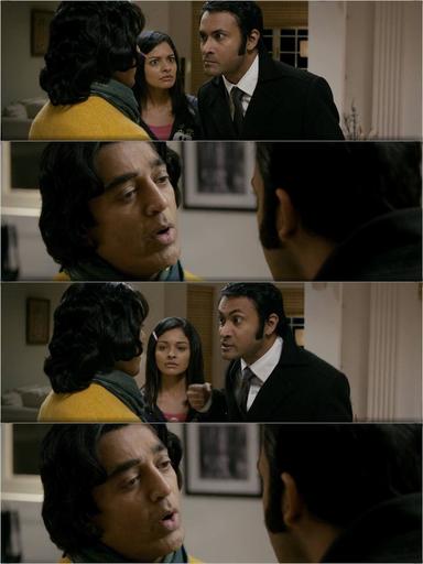 Vishwaroopam meme template with Vishwanathan / Major Wisam Ahmad Kashmiri (Kamal Haasan) with Dr. Nirupama (Pooja Kumar) with Deepak Chatterjee (Samrat Chakrabarti)