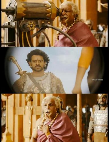 Bāhubali: The Beginning meme template with Amarendra Bāhubali / Mahendra "Sivudu" Bāhubali (Prabhas) with Bijjaladeva (Nassar)