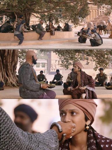 Bāhubali: The Beginning meme template with Kattappa (Sathyaraj) with Amarendra Bāhubali / Mahendra "Sivudu" Bāhubali (Prabhas)