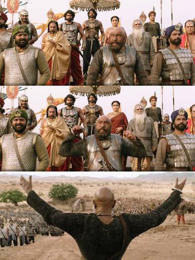 Bāhubali: The Beginning meme template with Sivagami (Ramya Krishnan) with Bijjaladeva (Nassar) with Kattappa (Sathyaraj)
