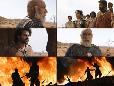 Bāhubali: The Beginning meme template with Amarendra Bāhubali / Mahendra "Sivudu" Bāhubali (Prabhas) with Kattappa (Sathyaraj) with Sanga (Rohini)