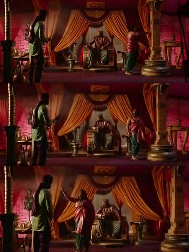 Bāhubali: The Beginning meme template with Sivagami (Ramya Krishnan) with Bijjaladeva (Nassar) with Amarendra Bāhubali / Mahendra "Sivudu" Bāhubali (Prabhas)