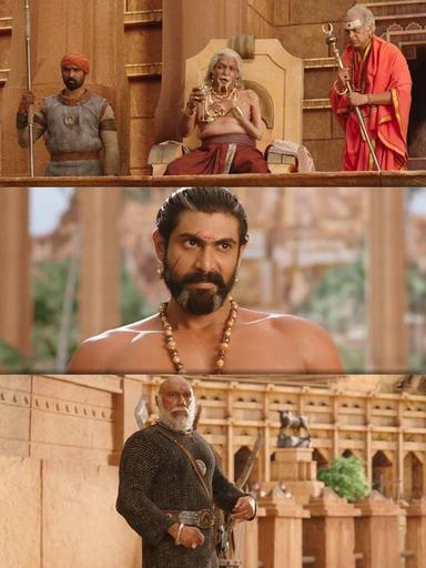 Bāhubali: The Beginning meme template with Kattappa (Sathyaraj) with Bhallaladeva (Rana Daggubati)