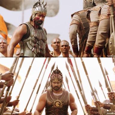 Bāhubali: The Beginning meme template with Amarendra Bāhubali / Mahendra "Sivudu" Bāhubali (Prabhas) with Bhallaladeva (Rana Daggubati)