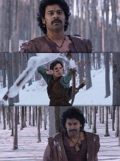 Bāhubali: The Beginning meme template with Amarendra Bāhubali / Mahendra "Sivudu" Bāhubali (Prabhas) with Avanthika (Tamannaah Bhatia)