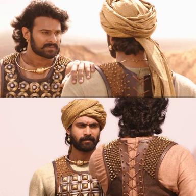 Bāhubali: The Beginning meme template with Amarendra Bāhubali / Mahendra "Sivudu" Bāhubali (Prabhas) with Bhallaladeva (Rana Daggubati)
