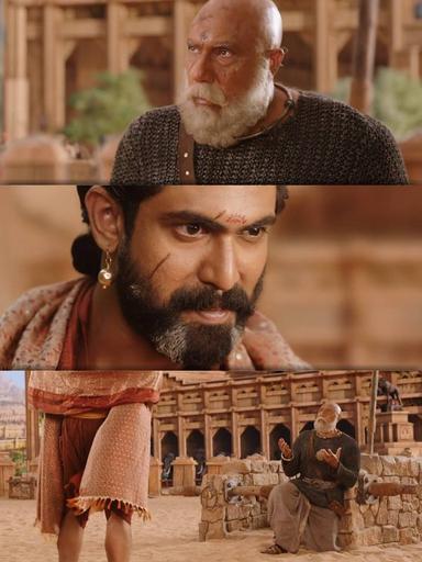 Bāhubali: The Beginning meme template with Kattappa (Sathyaraj) with Bhallaladeva (Rana Daggubati)