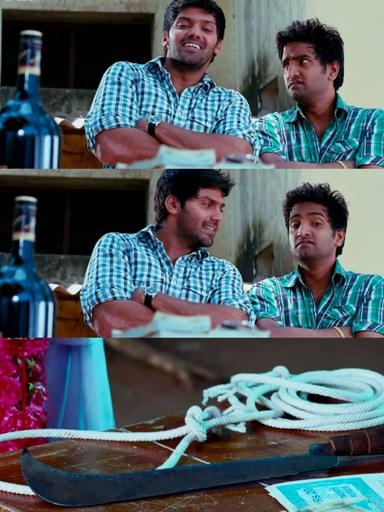 Boss Engira Baskaran meme template with Bhaskaran (Arya) with Nallathambi (Santhanam)