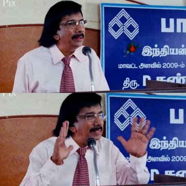 Boss Engira Baskaran meme template with Bhaskaran (Arya) with Nallathambi (Santhanam) with Shanmugasundaram (Chitra Lakshmanan)