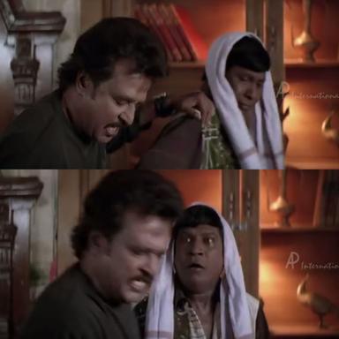 Chandramukhi meme template with Dr. Saravanan / Vettaiyan Raja (Rajinikanth) with Murugesan (Vadivelu)