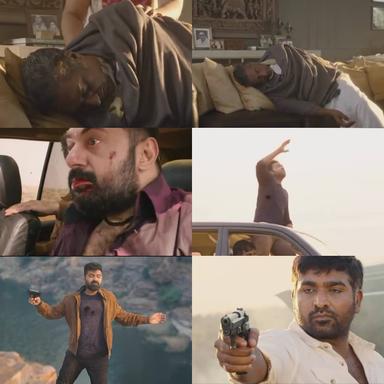 Chekka Chivantha Vaanam meme template with Varadarajan aka Varadan (Arvind Swamy) with Rasool Ebrahim (Vijay Sethupathi) with Thyagarajan aka Thyagu (Arun Vijay) with Ethiraj aka Ethi (Silambarasan) with Senapathi aka Sena (Prakash Raj)