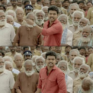 Kaththi meme template with Kathiresan / Jeevanandham (Vijay)