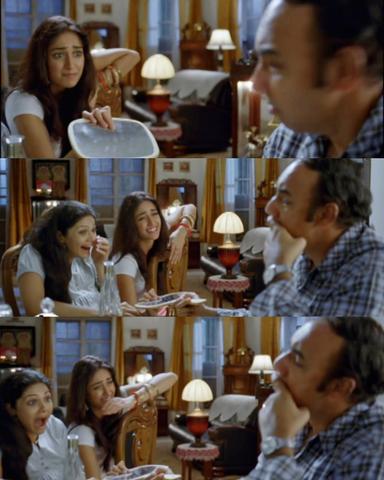Nanban meme template with Ria Santhanam (Ileana D'Cruz) with Virumandi Santhanam (Virus) (Sathyaraj) with Shwetha Santhanam (Anuya Bhagvath)