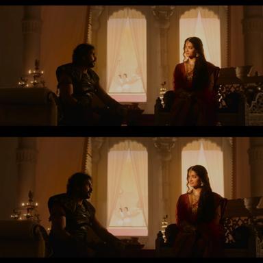 Ponniyin Selvan: Part I meme template with Nandini / Mandakini Devi (Aishwarya Rai Bachchan) with Vanthiyathevan (Karthi)