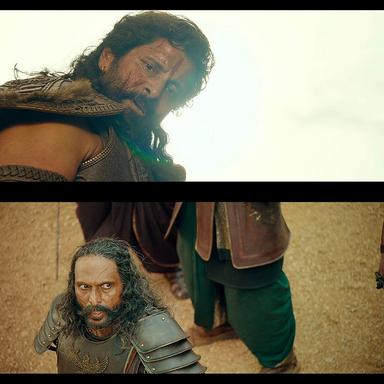 Ponniyin Selvan: Part II meme template with Aditha Karikalan (Vikram) with Khottiga (Babu Antony)