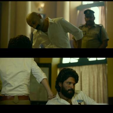 Pushpa: The Rise - Part 1 meme template with Pushpa Raj (Allu Arjun) with Kesava (Jagadeesh Prathap Bandari) with Bhanwar Singh Shekhawat (Fahadh Faasil)