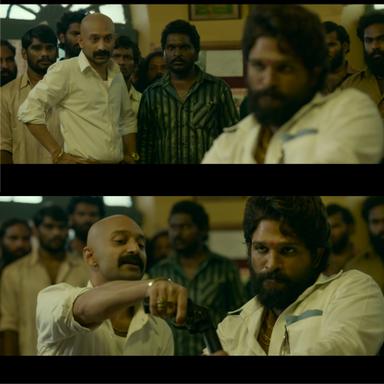 Pushpa: The Rise - Part 1 meme template with Pushpa Raj (Allu Arjun) with Kesava (Jagadeesh Prathap Bandari) with Bhanwar Singh Shekhawat (Fahadh Faasil)