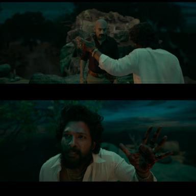 Pushpa: The Rise - Part 1 meme template with Pushpa Raj (Allu Arjun) with Kesava (Jagadeesh Prathap Bandari) with Bhanwar Singh Shekhawat (Fahadh Faasil)