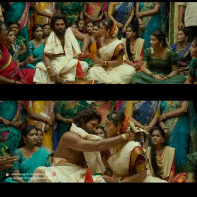 Pushpa: The Rise - Part 1 meme template with Pushpa Raj (Allu Arjun) with Kesava (Jagadeesh Prathap Bandari) with Srivalli (Rashmika Mandanna)