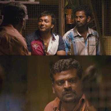 Soodhu Kavvum meme template with Pagalavan (Bobby Simha) with Sekhar (Ramesh Thilak) with Das's Brother (Arul Dass)