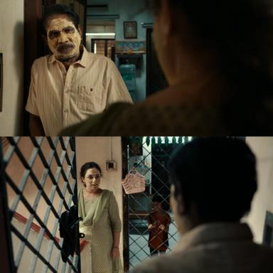 Thiruchitrambalam meme template with Shobana (Nithya Menen) with Thiruchitrambalam Sr. (Bharathiraja)