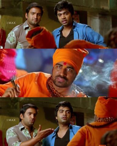 Vaanam meme template with Cable Raja (Silambarasan) with Seenu (Santhanam)