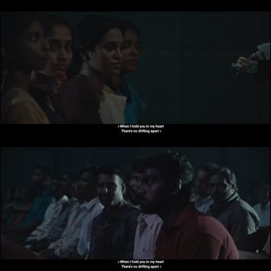 Viduthalai: Part I meme template with Kumaresan (Soori) with Perumal 'Vaathiyaar' (Vijay Sethupathi) with Tamilarasi (Bhavani Sre)