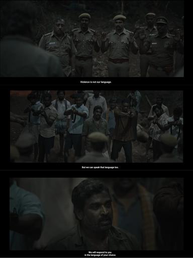 Viduthalai: Part I meme template with Kumaresan (Soori) with Ragavendar (Chetan) with Perumal 'Vaathiyaar' (Vijay Sethupathi) with  (Bala Hasan)