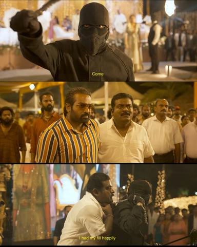 Vikram meme template with Karnan / Arun Kumar Vikram (Kamal Haasan) with Sandhanam (Vijay Sethupathi) with Rudra Prathap (Arul Dass)