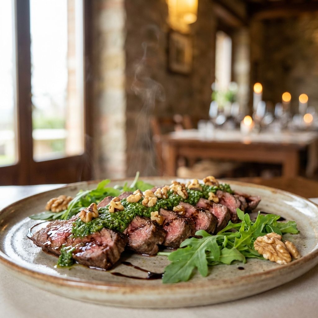 Tagliata Di Manzo Al Pesto Di Rucola, Noci E Aceto Balsamico