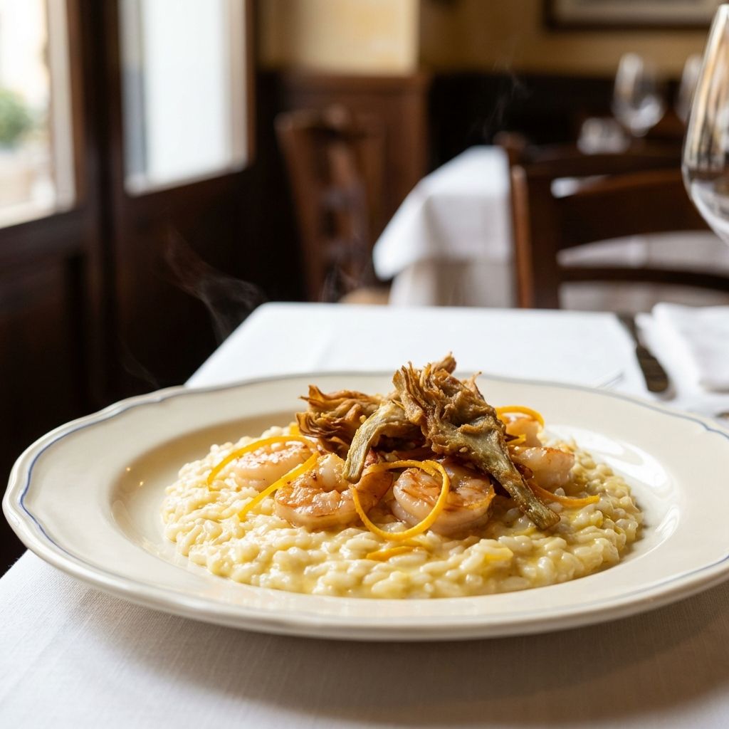 Risotto Ai Gamberi Con Arancio E Carciofini Fritti