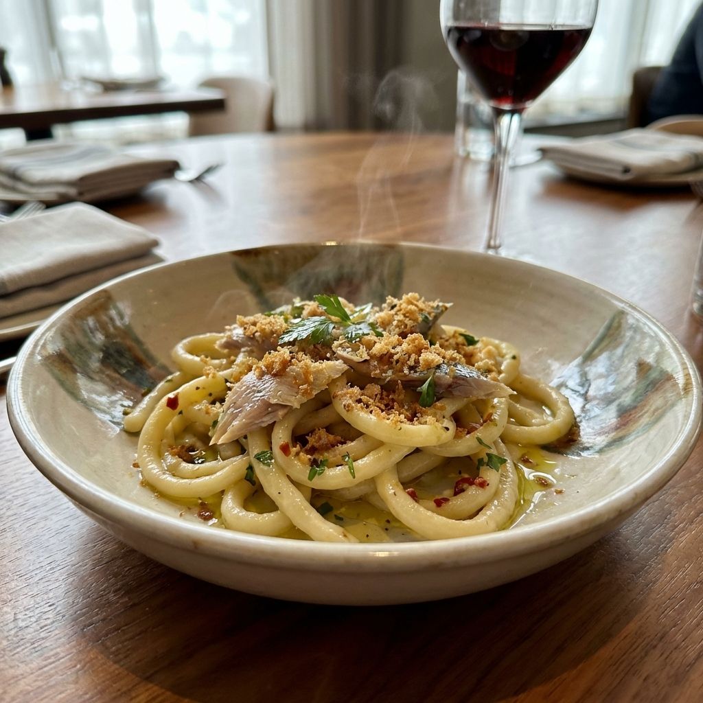 Pici Aglio Olio E Peperoncino Con Aringa Fumé E Briciole Di Pane Croccanti