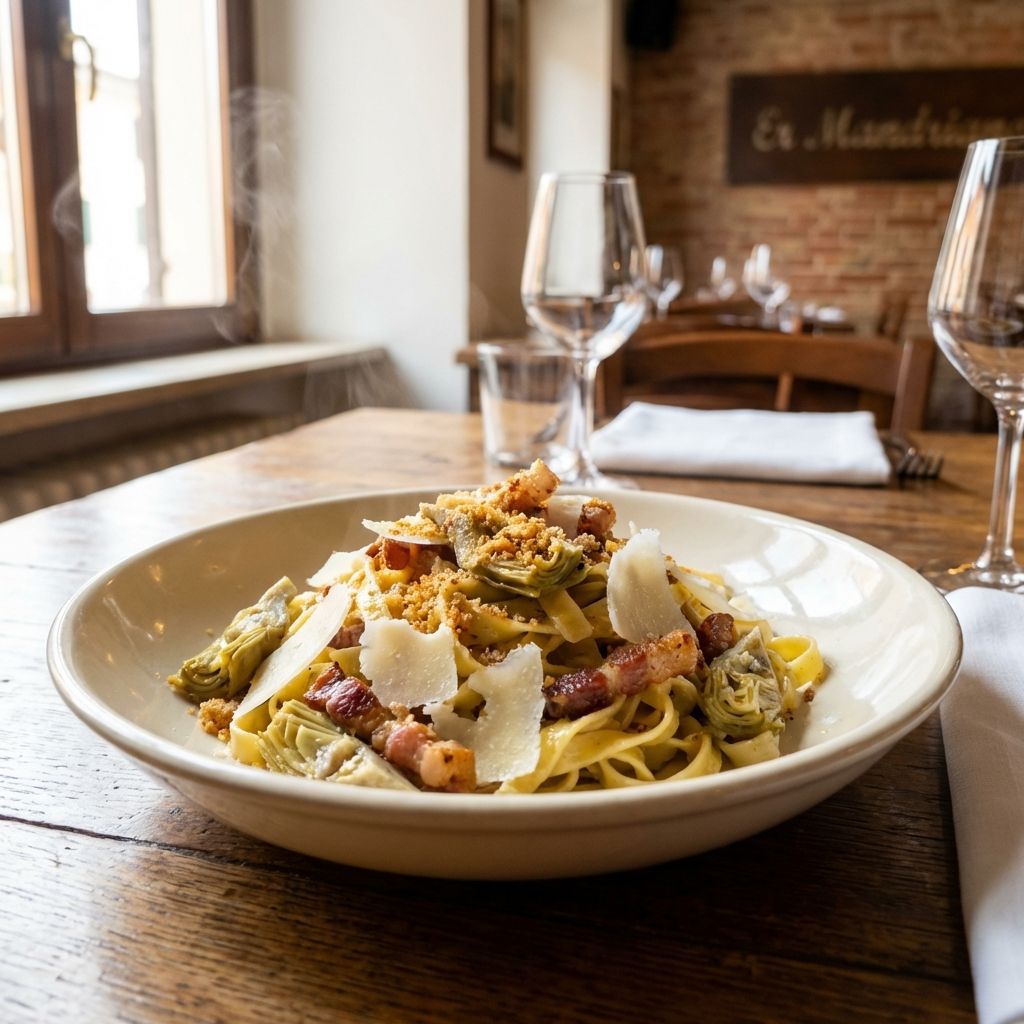 Fettuccine Ai Carciofi Con Guanciale Croccante, Pecorino E Mollica Di Pane Tostata