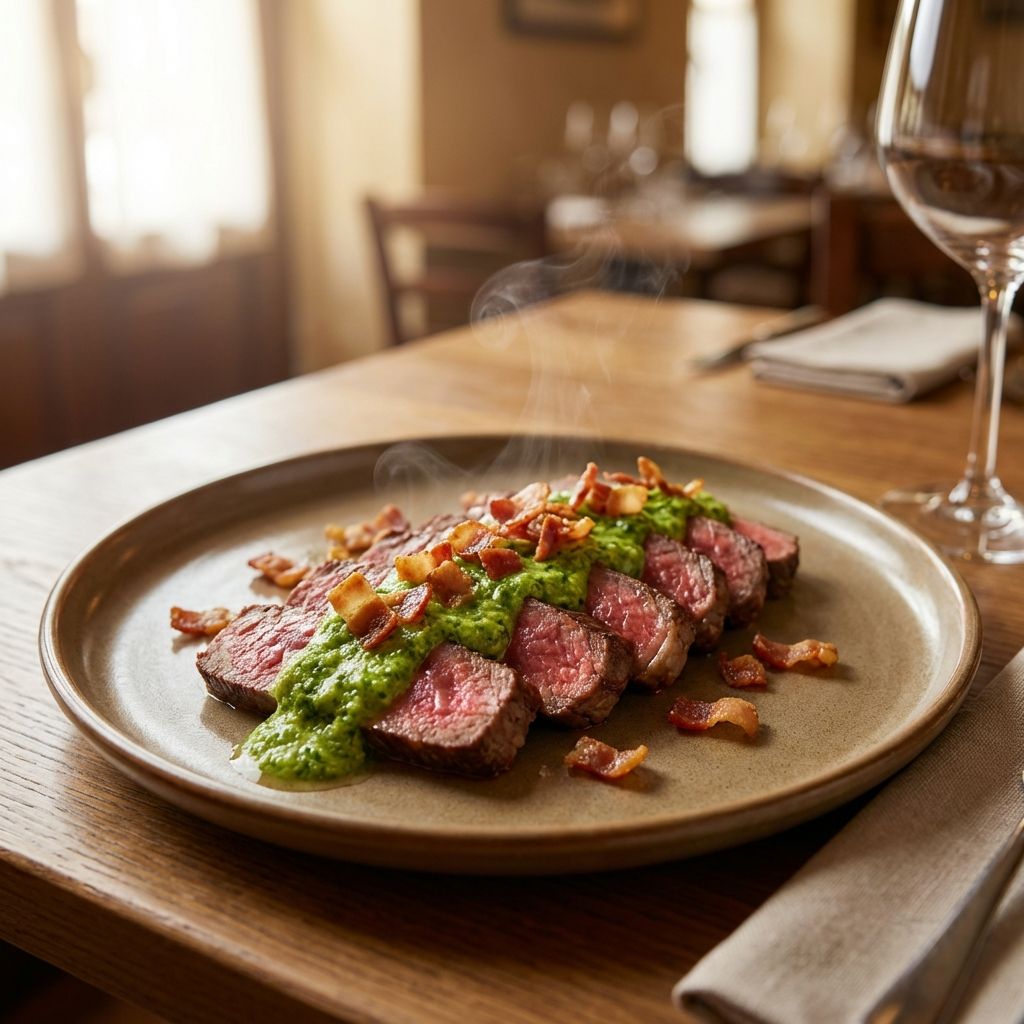 Tagliata Con Cremolata Di Zucchine E Bacon Croccante