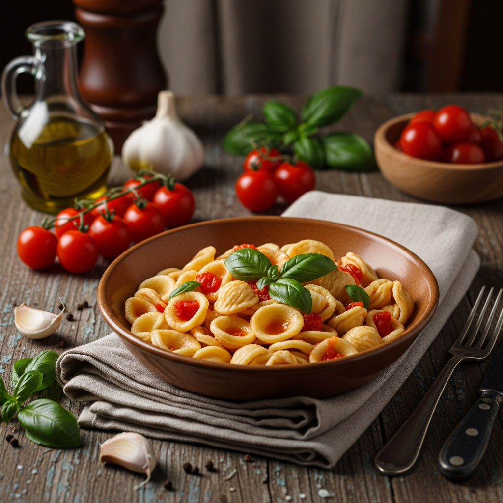 Orecchiette Di Grano Arso Con Cime Di Rape, Pomodori Appesi E Pan Fritto Con Acciughe