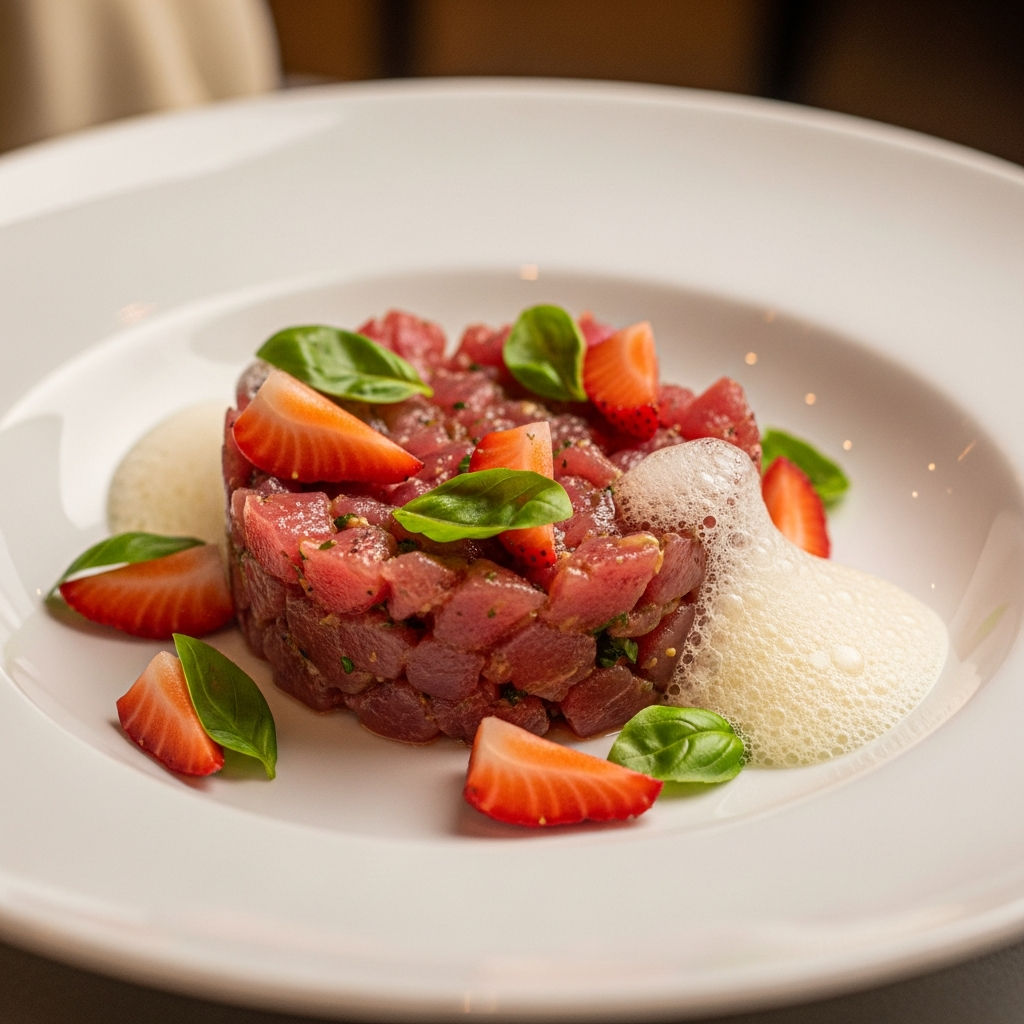 Tartare Di Tonno Con Fragole, Prosecco E Basilico