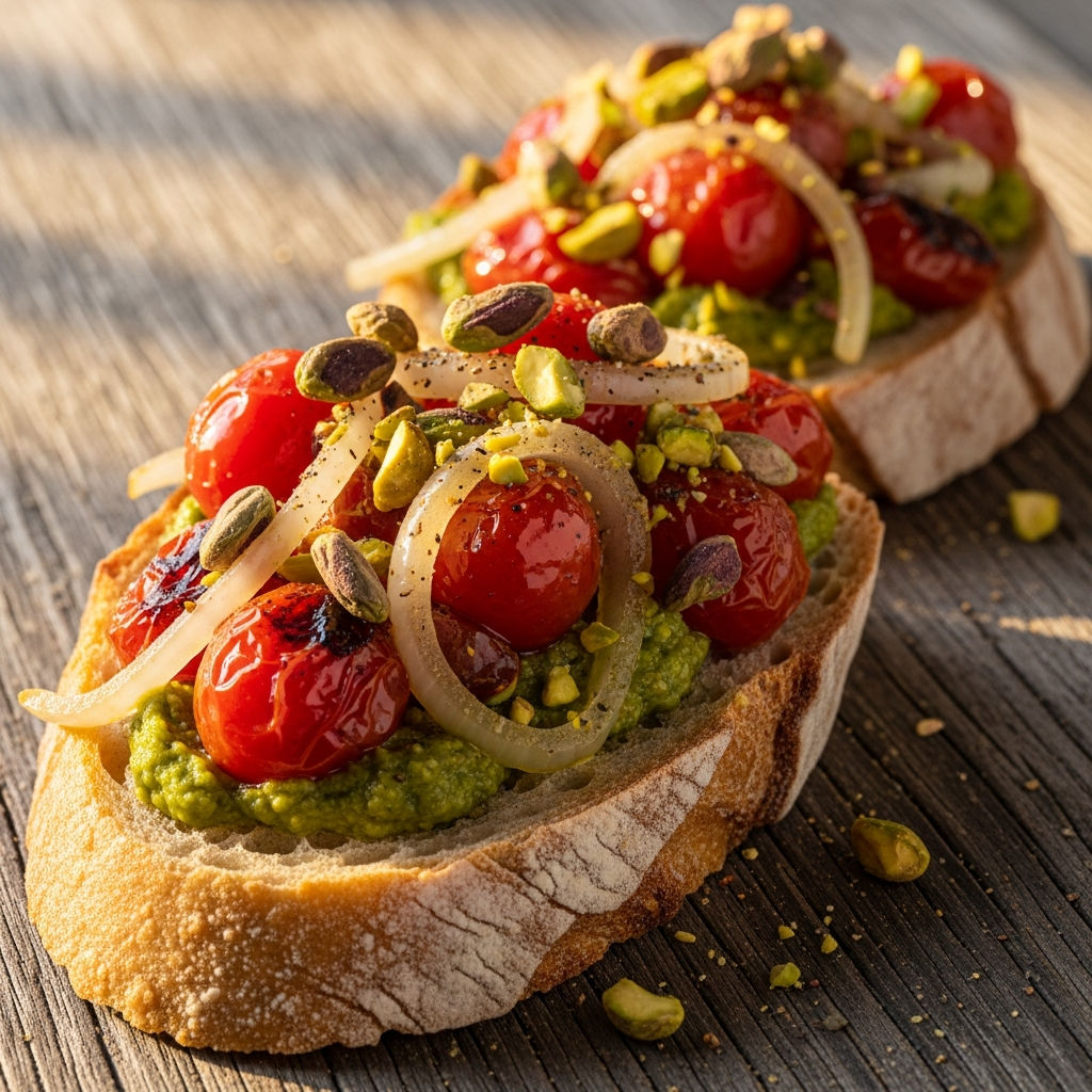 Bruschetta Con Pomodorini Caramellati Cipolla Agrodolce E Pesto Di Pistacchio