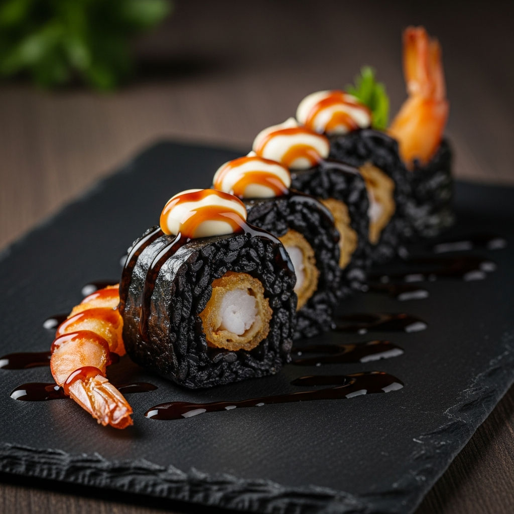 Riso Nero Con Gamberoni Fritti, Mayo E Salsa Teriyaki