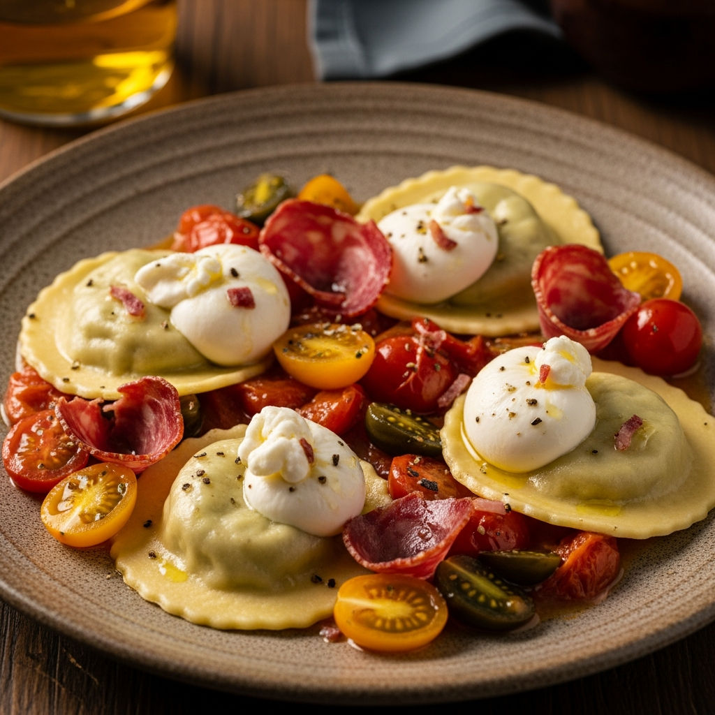 Raviolo Ripieno Di Burrata, Ricotta E Capocollo Su Datterino Rosso E Giallo